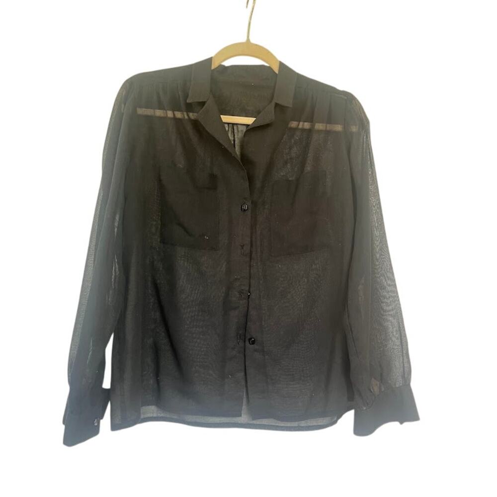 Vintage Black Sheer Button Front Blouse Collared Chest Pockets Long Sleeve